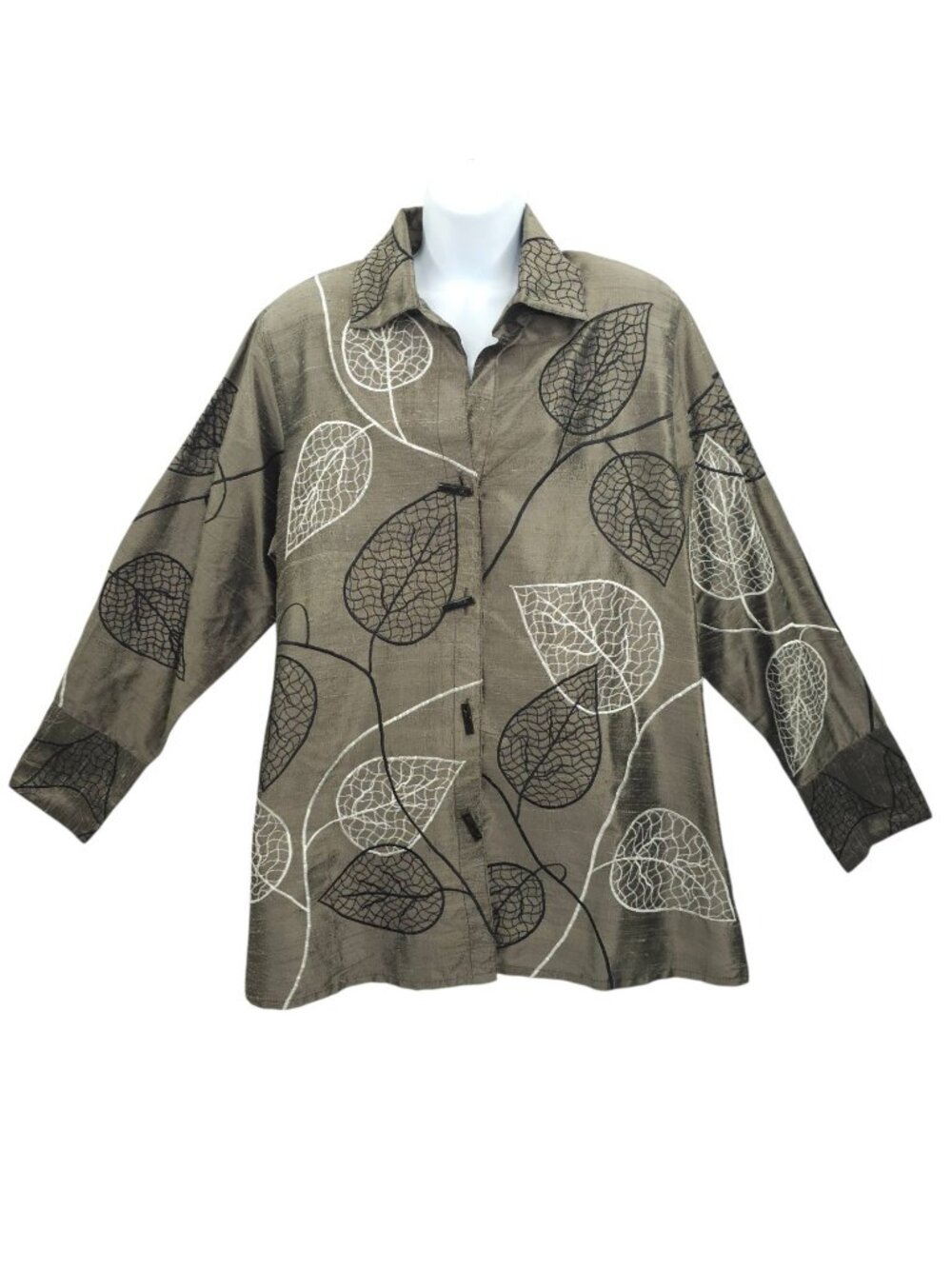 Yak Magik Shirt Jacket XL Embroidered Leaf Silk Boho Vintage Art to Wear Luxe